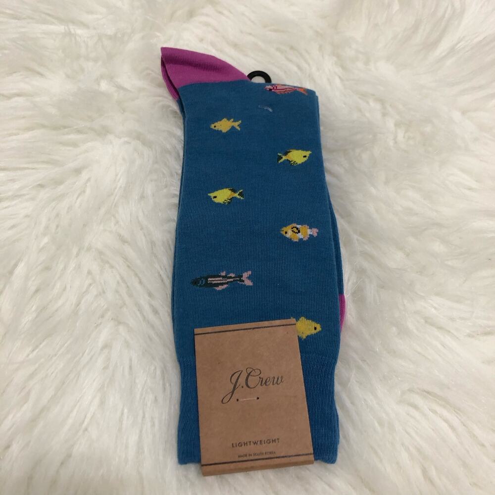 J. Crew Men's Socks One Size Teal Purple Fish Print Colorful Lightweight NWT